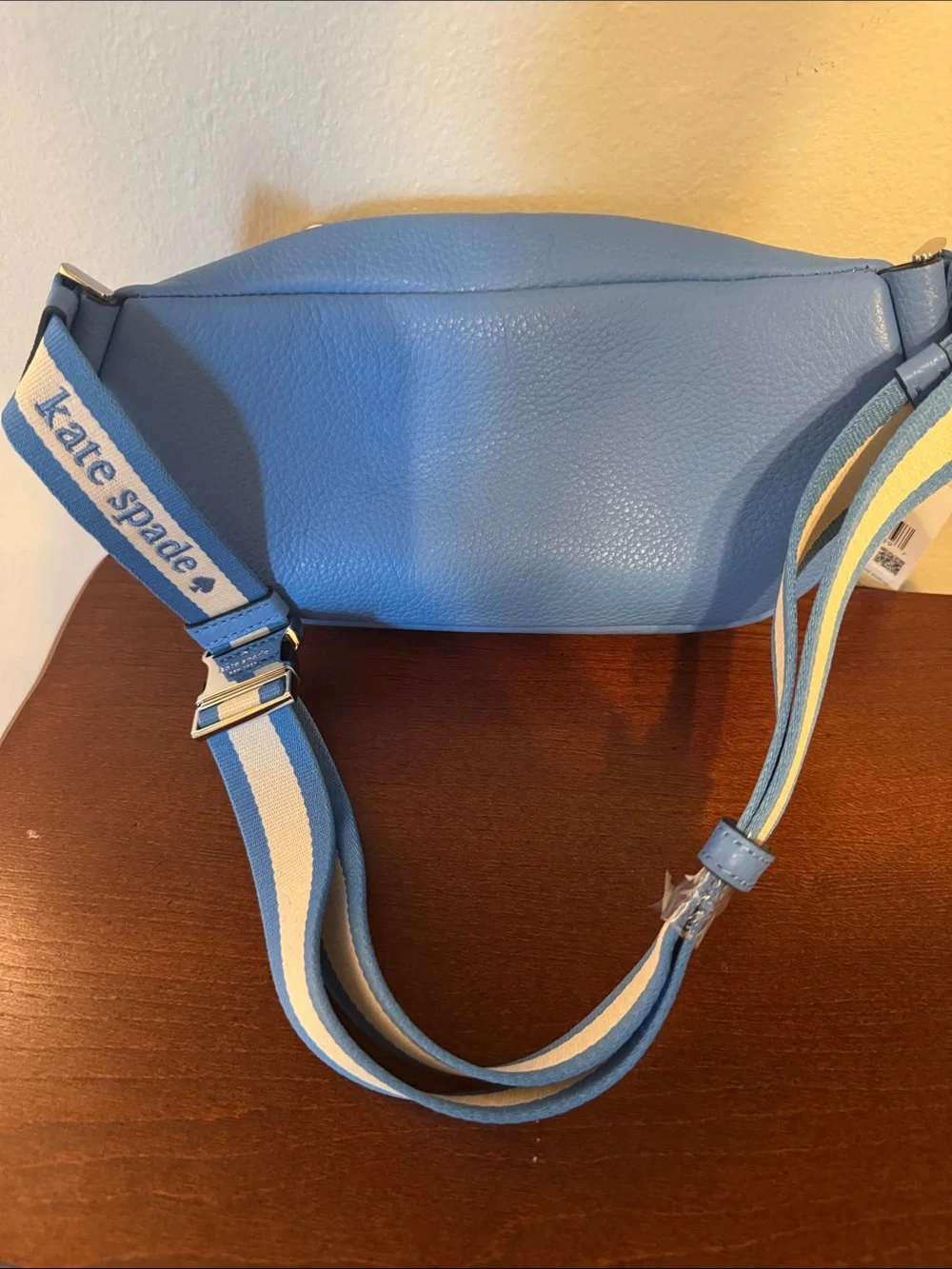 kate spade blue pebble leather crossbody with striped strap belt bag. New